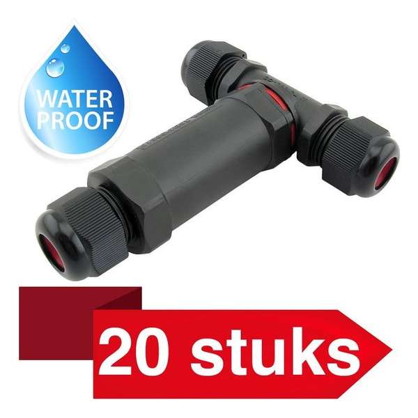 20 Stuks - Kabelverbinder T-stuk waterdicht - IP68 - 230Vac, 16A - Stekker 3-polig - Max. 1,5mm² (Lasdoos, Kabeldoos)