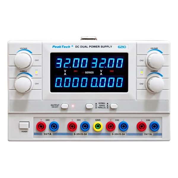 Peaktech 6210: Digitale voeding, 2 x 0 - 30 V / 0 - 5 A DC / 2 x 5 V / 1 A vast