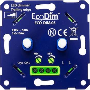 EcoDim - LED DUO Dimmer - ECO-DIM.05 - Fase Afsnijding RC - Dubbele Inbouwdimmer - Dubbel Knop - 0-100W