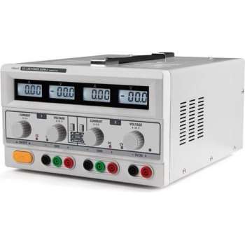 DUBBELE DC-LABOVOEDING - 2 x 0-30 VDC / 0-3 A + 5 VDC vast / 3 A MAX MET 4 LCD-SCHERMEN