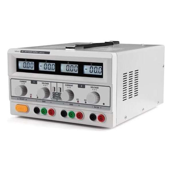 DUBBELE DC-LABOVOEDING - 2 x 0-30 VDC / 0-3 A + 5 VDC vast / 3 A MAX MET 4 LCD-SCHERMEN