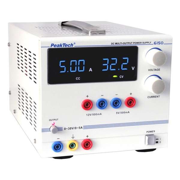 PeakTech 6150 Digitale laboratoriumvoeding 0 - 30 V / 0 - 5 A DC / 5 V / 500 mA vast / 12 V / 500 mA vast