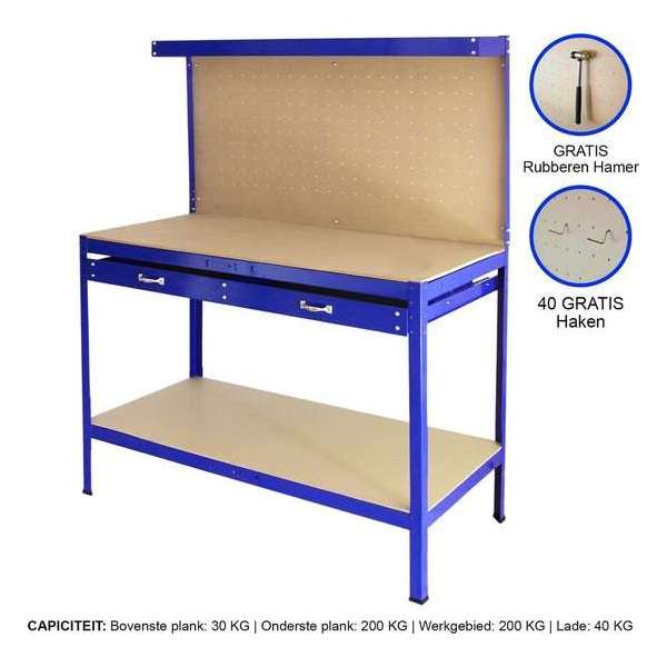 Q-rax Werkbank met achterwand + lade - Blauw - 120x60x155 cm - Inclusief 40 haken - werktafel workmate