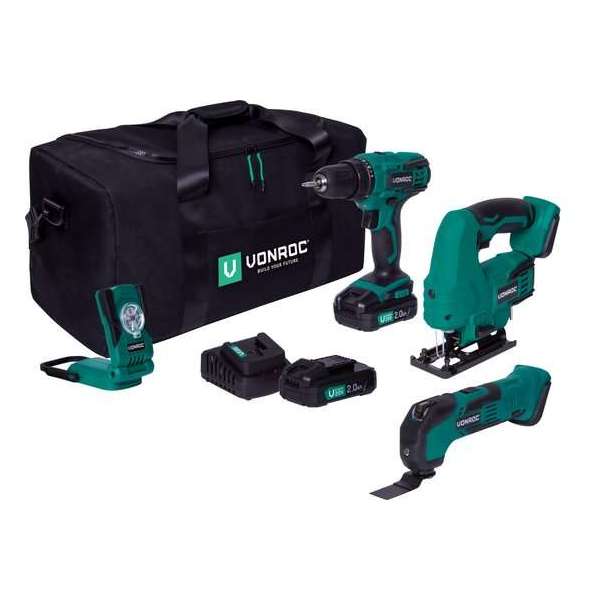 VONROC Gereedschap set VPower 20V – 2x 2.0Ah accu en een sneloplader – Geleverd in handige gereedschapstas