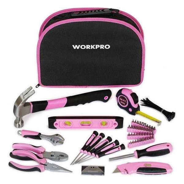 Workpro Gereedschapstas - 63-delige set - Met 5 meter Rolmaat - Roze