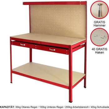 Q-rax Werkbank met achterwand + lade - Rood - 120x60x155 cm - Inclusief 40 haken - werktafel workmate