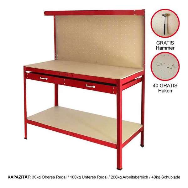 Q-rax Werkbank met achterwand + lade - Rood - 120x60x155 cm - Inclusief 40 haken - werktafel workmate