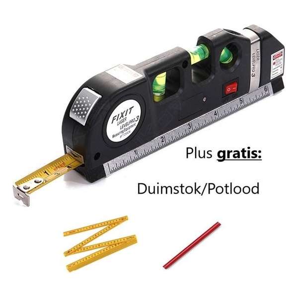 Fixit Levelpro3 Laserwaterpas - Incl. Rolmaat 2,50 meter - Incl. Batterijen - 3 Verschill