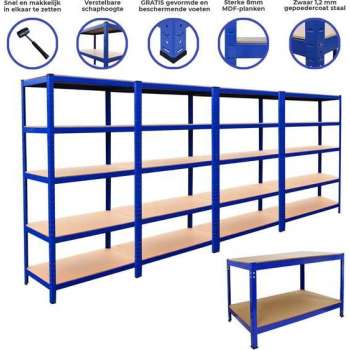 4 x T-Rax Stellingkasten + Werkbank - Blauw - 100% boutloos - Draagkracht : 1400 kg & 400 kg - opbergrekken metaal bundel