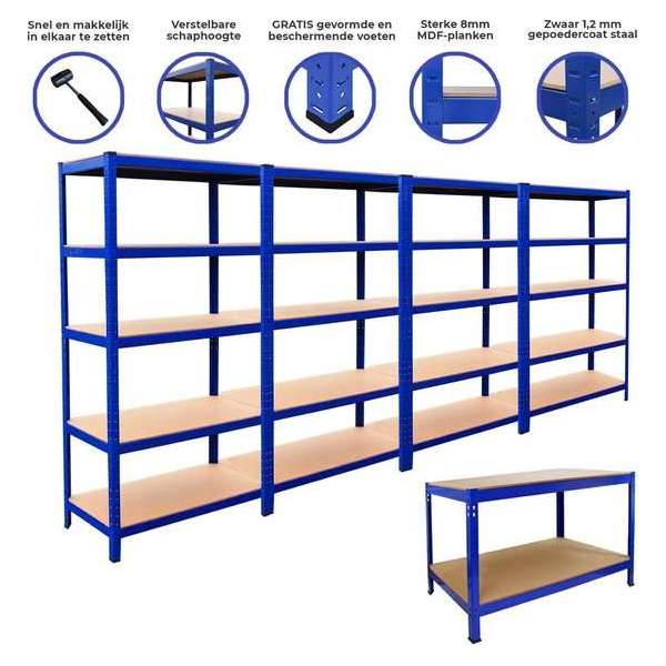 4 x T-Rax Stellingkasten + Werkbank - Blauw - 100% boutloos - Draagkracht : 1400 kg & 400 kg - opbergrekken metaal bundel