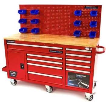 HBM 158 cm 10 laden werkbank met deur en achterwand ROOD