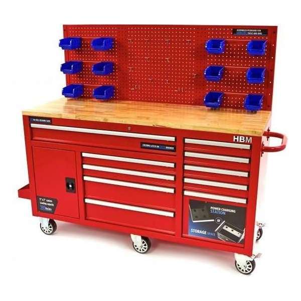 HBM 158 cm 10 laden werkbank met deur en achterwand ROOD