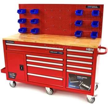 HBM 158 cm 10 Laden Werkbank met Deur en Achterwand “ ROOD