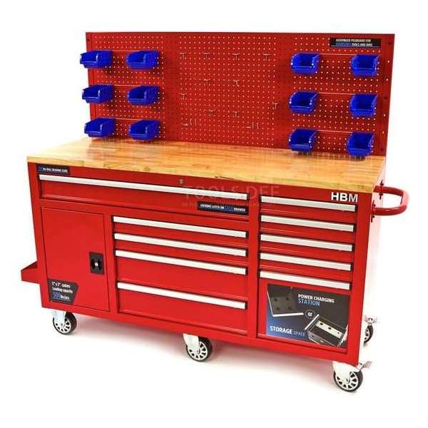 HBM 158 cm 10 Laden Werkbank met Deur en Achterwand “ ROOD