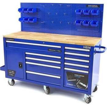 HBM 158 cm 10 laden werkbank met deur en achterwand BLAUW