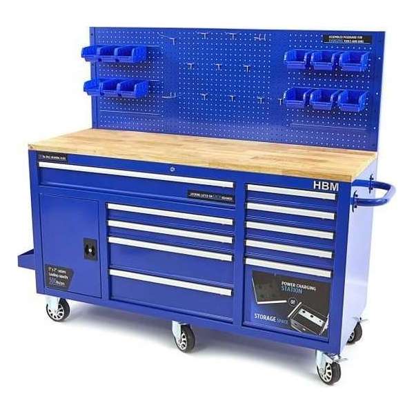 HBM 158 cm 10 laden werkbank met deur en achterwand BLAUW