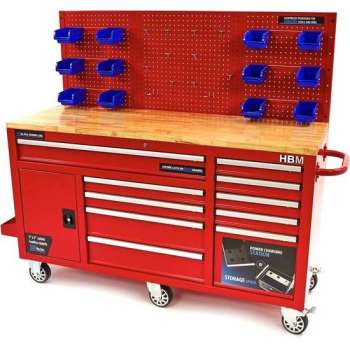 158 cm. 10 Laden Werkbank met Deur en Achterwand – ROOD