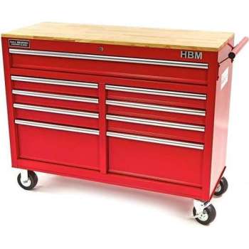 HBM 117 cm verrijdbare gereedschapswagen werkbank met houten blad ROOD