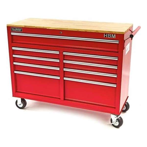 HBM 117 cm verrijdbare gereedschapswagen werkbank met houten blad ROOD