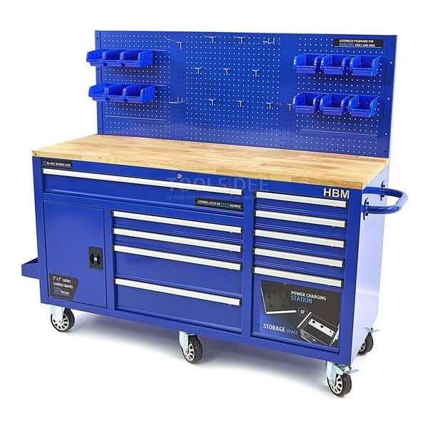 HBM 158 cm 10 Laden Werkbank met Deur en Achterwand “ BLAUW