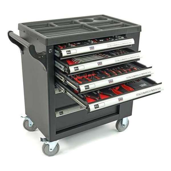 HBM 154 Delige Premium Gevulde gereedschapswagen Met Deur en Carbon Inlays- ZWART