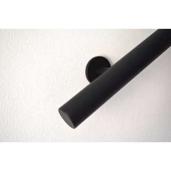Zwarte trapleuning gepoedercoat zwart RAL 9005 rond 42,5 mm met twee vlakke ophangsteunen, 100 cm