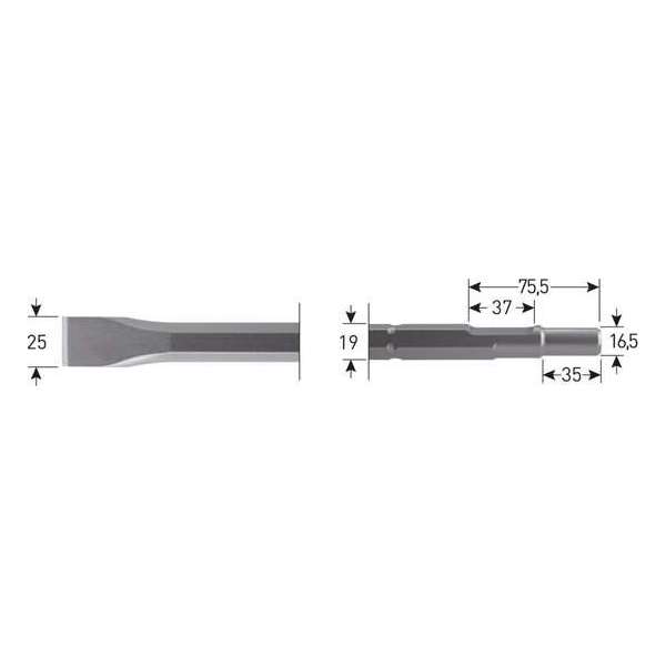 Rotec - platte beitel 25 x 400 mm, 6-kant 19 mm. / Ø 16,5 x 35 mm.