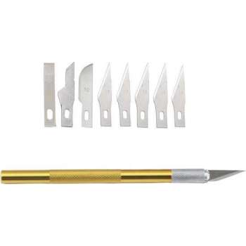 Scalpel mes met 9x losse mesjes in verschillende vormen Voor hobby & modelbouw / Goudkleurig handvat / HaverCo