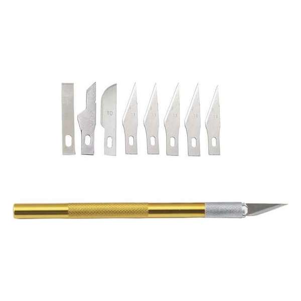 Scalpel mes met 9x losse mesjes in verschillende vormen Voor hobby & modelbouw / Goudkleurig handvat / HaverCo