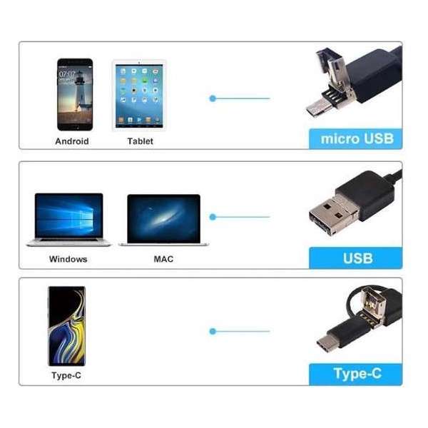 Endoscoop Camera | Inspectiecamera | Voor Android Telefoon - 1 Meter Micro USB met Usb-C adapter naar usb man -8 mm kop HD