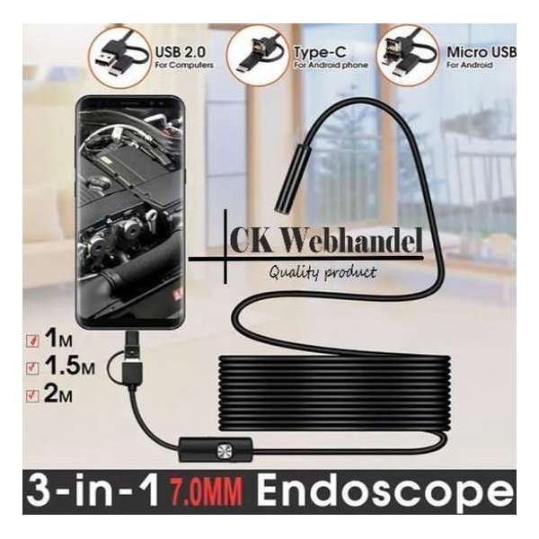 Endoscoop Camera - 7mm - 2 m - Flexibele Kabel - Snake Borescope - Inspectie camera - Android Smartphone - PC