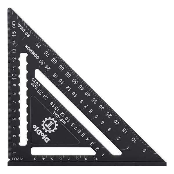 DjoDjo - Winkelhaak - Metrische Driehoek - Speed Square - Schrijfhaak - Blokhaak - Verstekhaak - 5-in-1 Meetdriehoek - Zwart