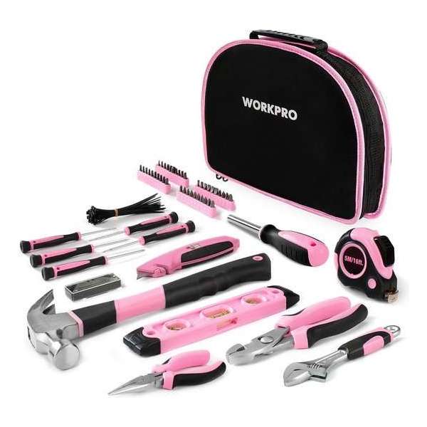 Workpro Roze gereedschap set - Hamer tang schroevendraaier set - gereedschapstas - 63-delig